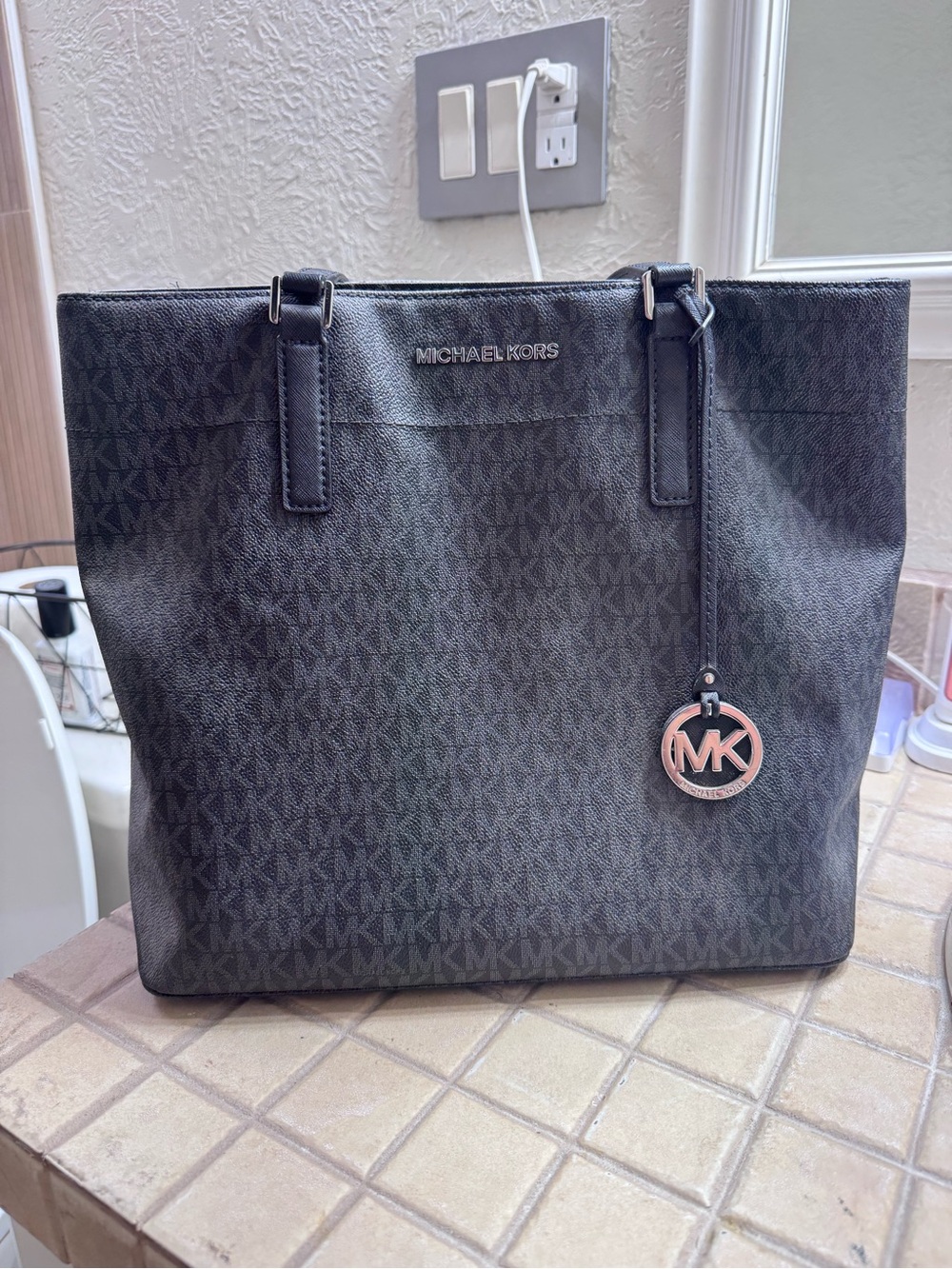 Michael Kors Black/Gray Signature MK Tote with Logo Charm